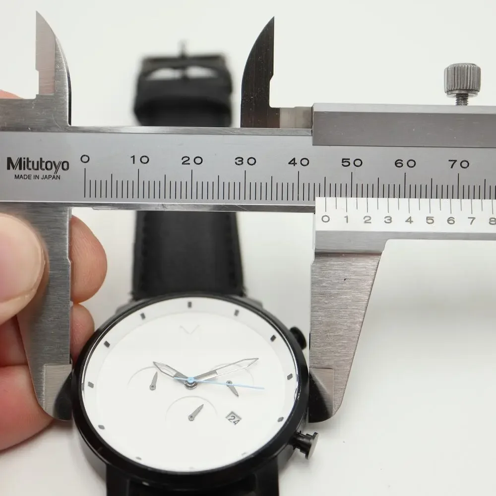 MVMT Men's 45mm Chronograph Minimal Watch White Black Faux Leather w New Battery